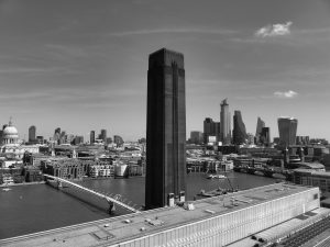 A breathtaking view of London's skyline featuring the iconic Tate Modern and Millennium Bridge.